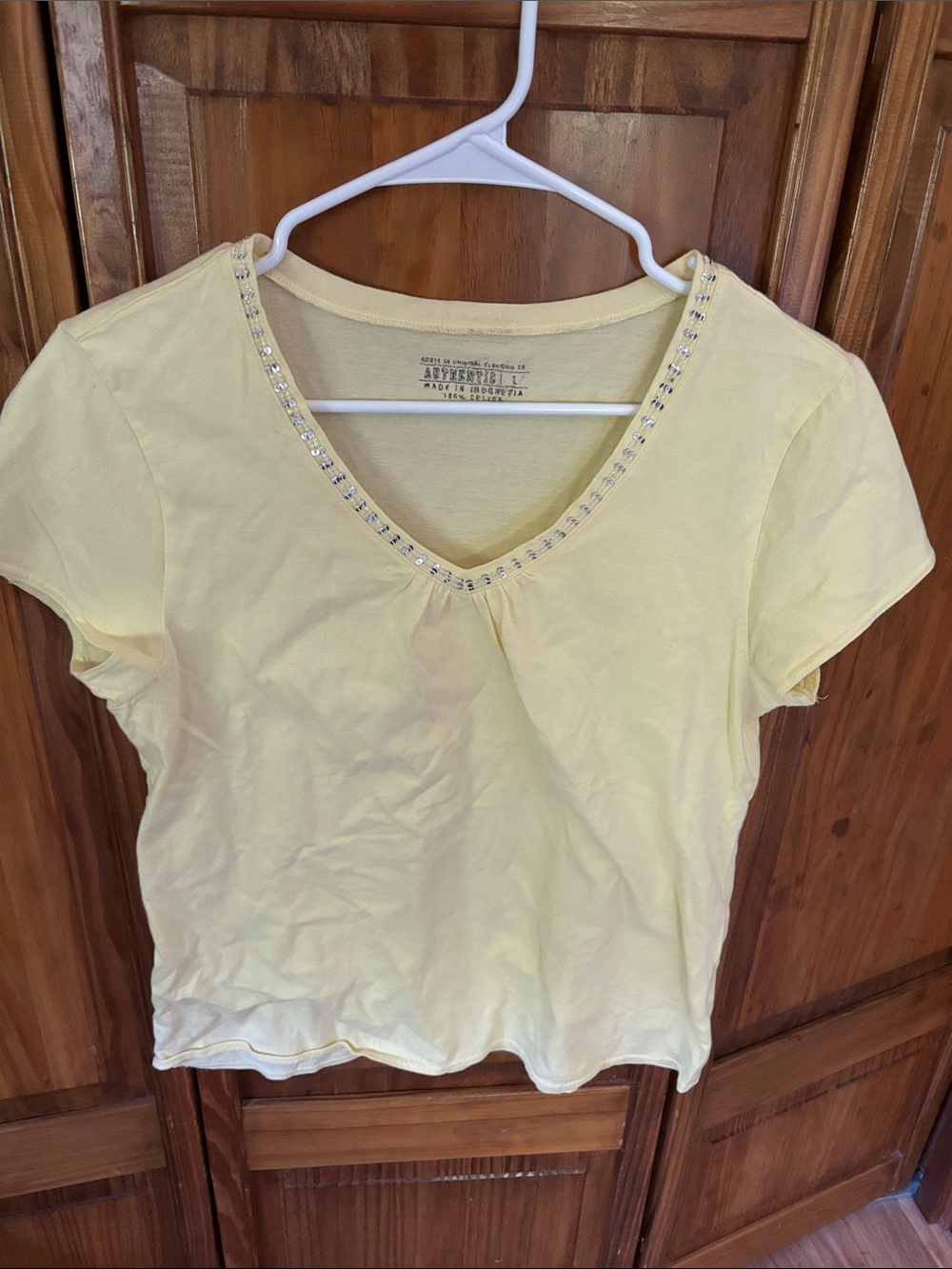Fahrenheit Pale Yellow V-Neck Short Sleeve Top with Rhinestone Trim